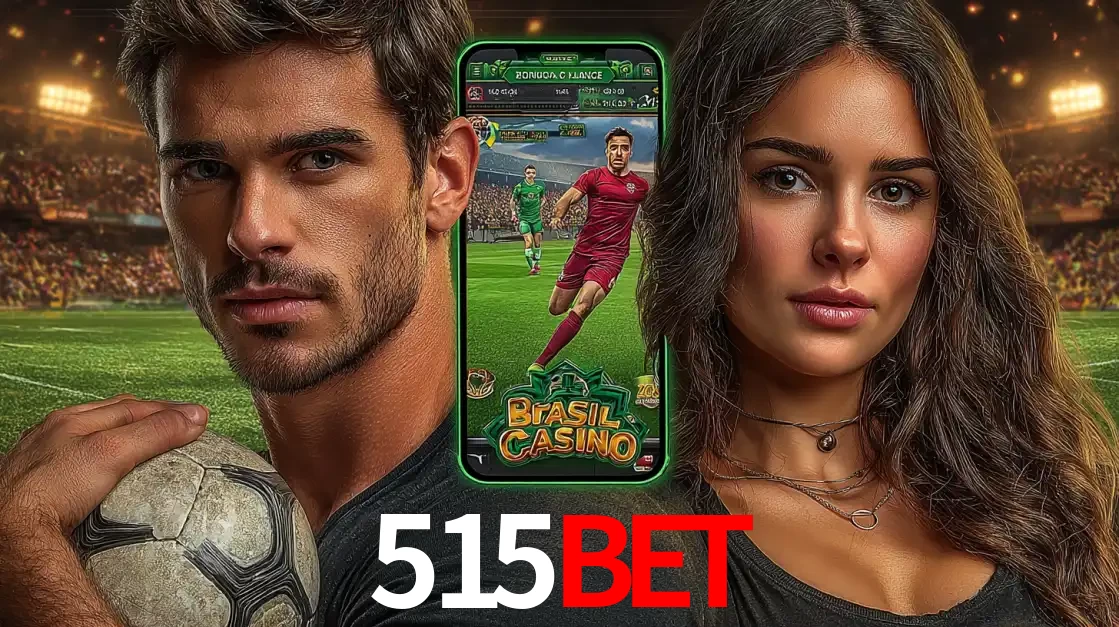 Homem segurando uma bola de futebol e uma mulher ao lado de um smartphone exibindo o jogo de apostas esportivas da 515BET. Faça seu palpite no cassino online.